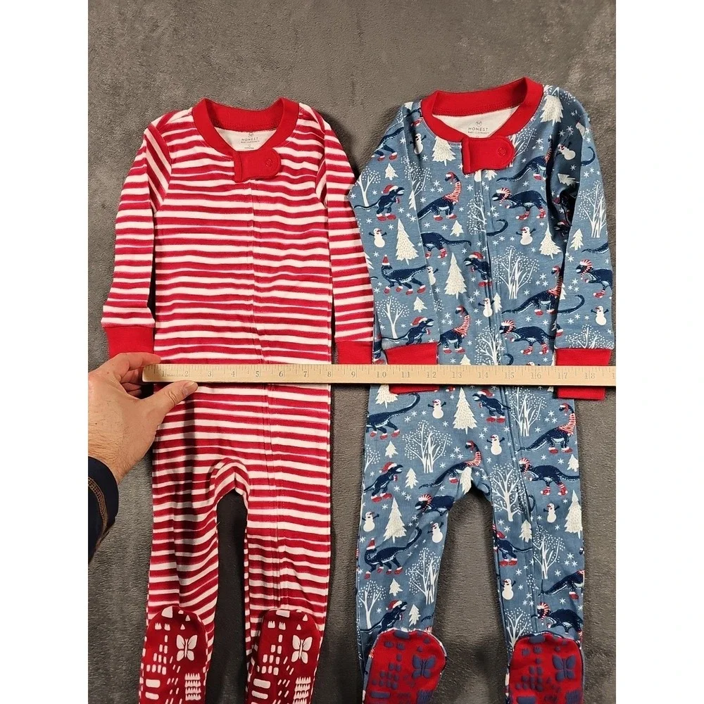 Honest Kids Organic Cotton Footed Pajamas 12M Set of 2‎ Christmas PJs Red White